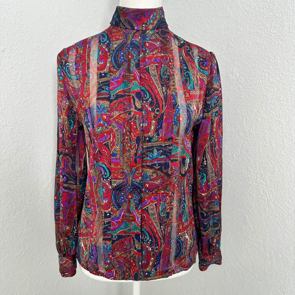 Vintage Paisley Print Mock Neck Blouse Long Sleeve Red Teal‎ Purple